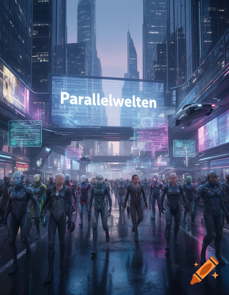 Futuristic cityscape at dusk with a large 'Parallelwelten' billboard above a street crowded with people in sci-fi suits.