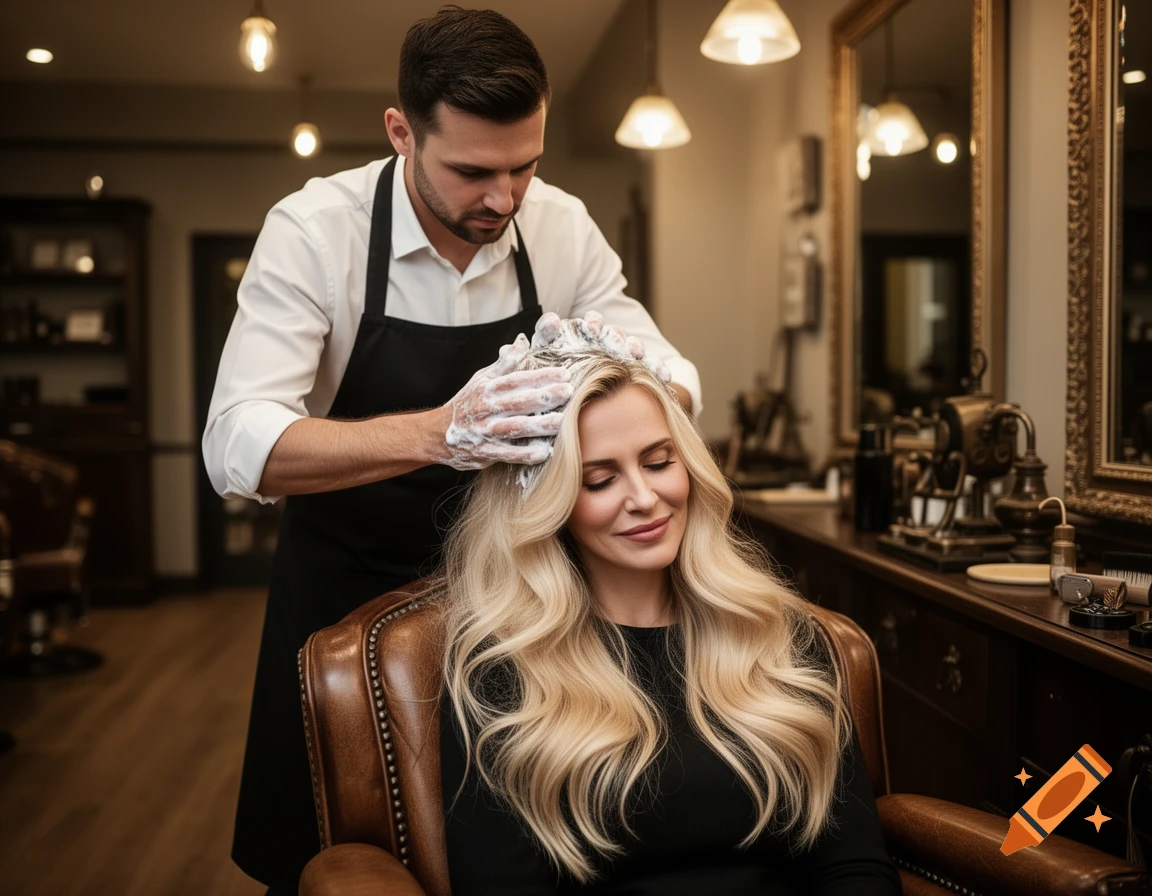 A barber washes a blonde woman's hair in a salon, who smiles with her eyes closed.