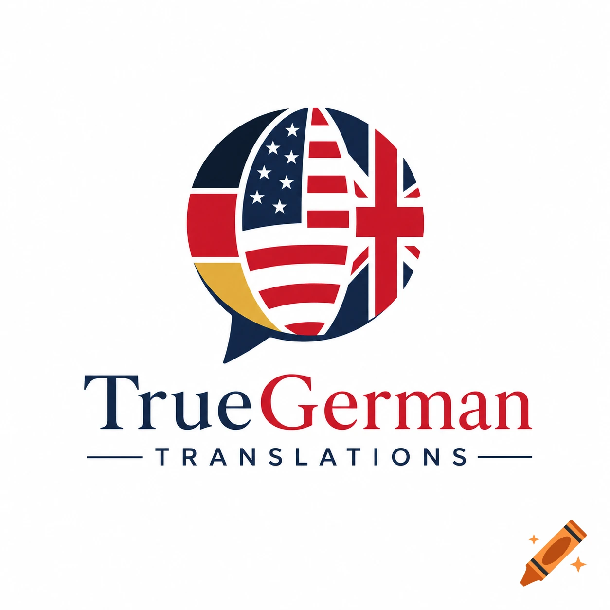 A minimalist corporate logo with German, American, and British flags inside a globe-speech bubble icon, above 'TrueGerman Translations' text.