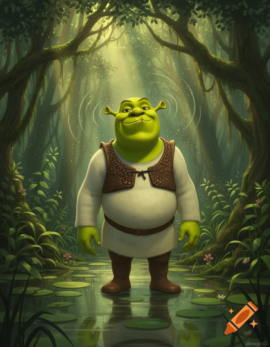 Shrek, a green ogre, smiles in a sunlit swamp with lily pads, whistling with sound waves above his head, in a detailed digital painting.