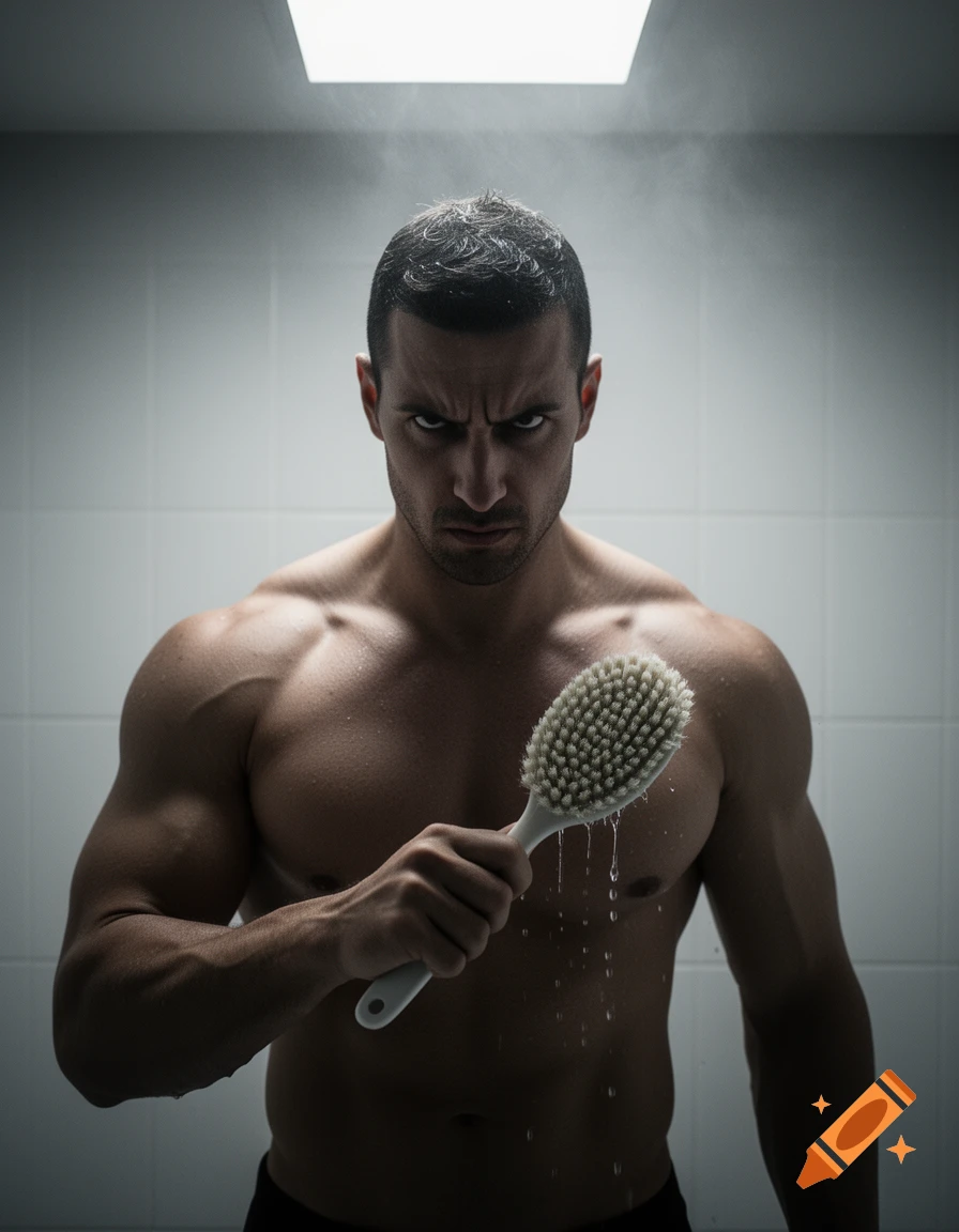 Muscular man with a menacing expression holding a wet bath brush, water dripping, under a bright light.