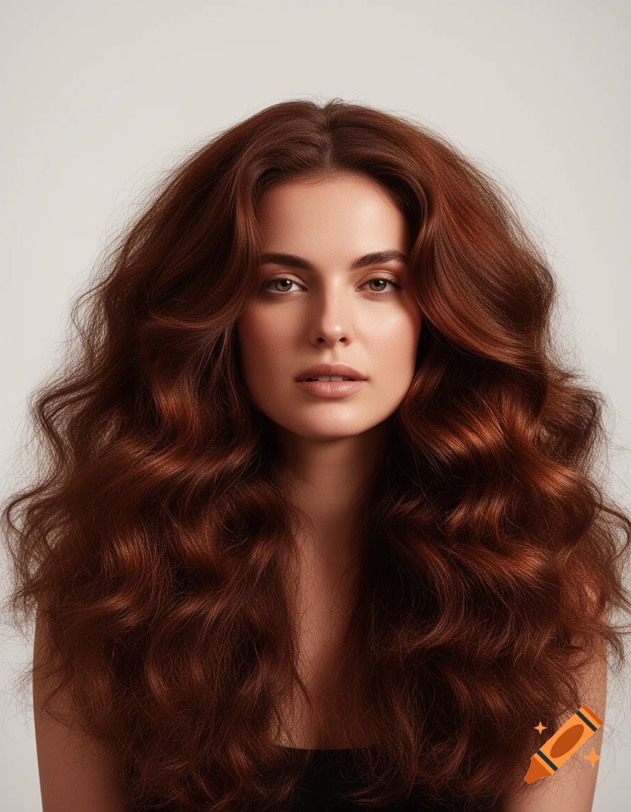A photorealistic portrait of a woman with long, voluminous reddish-brown wavy hair looking directly at the viewer.
