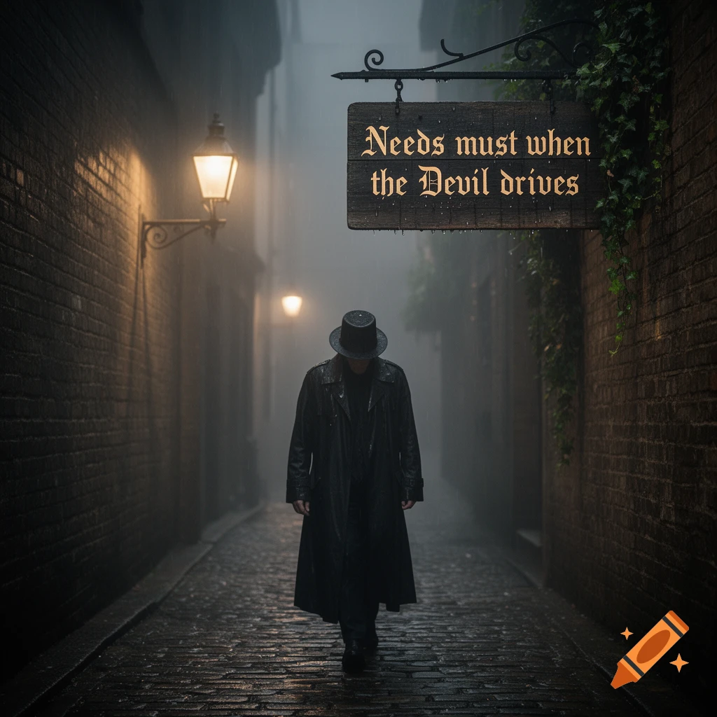 A mysterious figure in a trench coat and top hat walks down a foggy, cobblestone alley under a sign that reads "Needs must when the Devil drives".