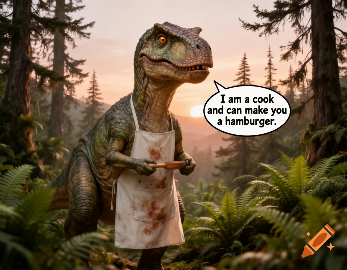 A photorealistic dinosaur in a dirty apron holds a rolling pin in a forest, stating 'I am a cook and can make you a hamburger.'