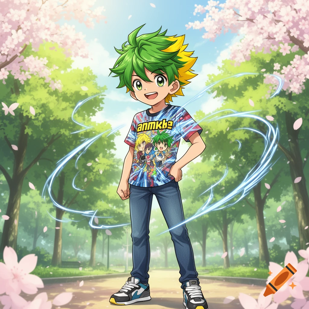 Anime boy with green and yellow spiky hair wearing a graphic t-shirt and jeans, standing in a cherry blossom park with blue energy swirls.
