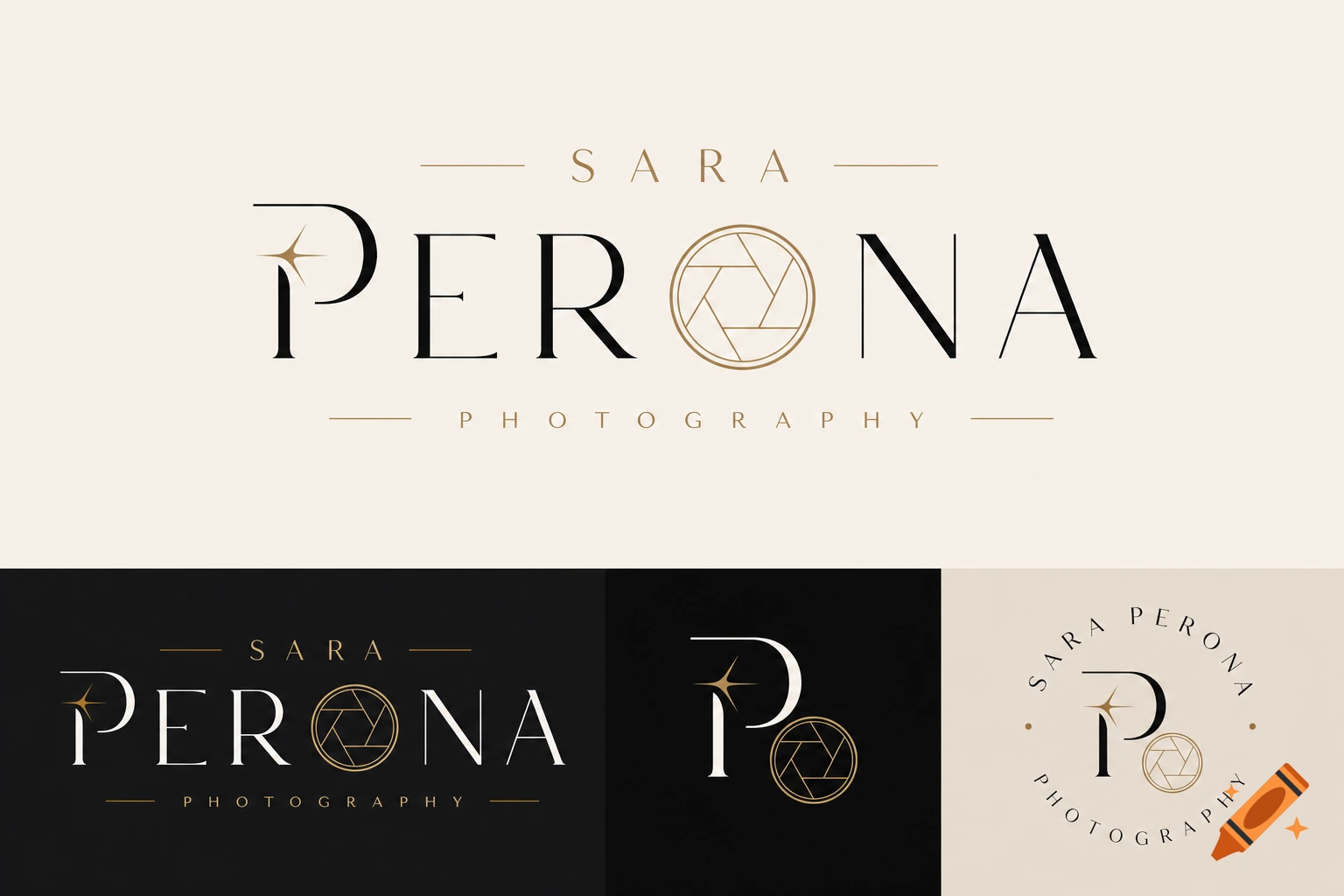 Three elegant, minimalist logo variations for Sara Perona Photography, featuring the name with a camera aperture and star details on cream and black backgrounds.