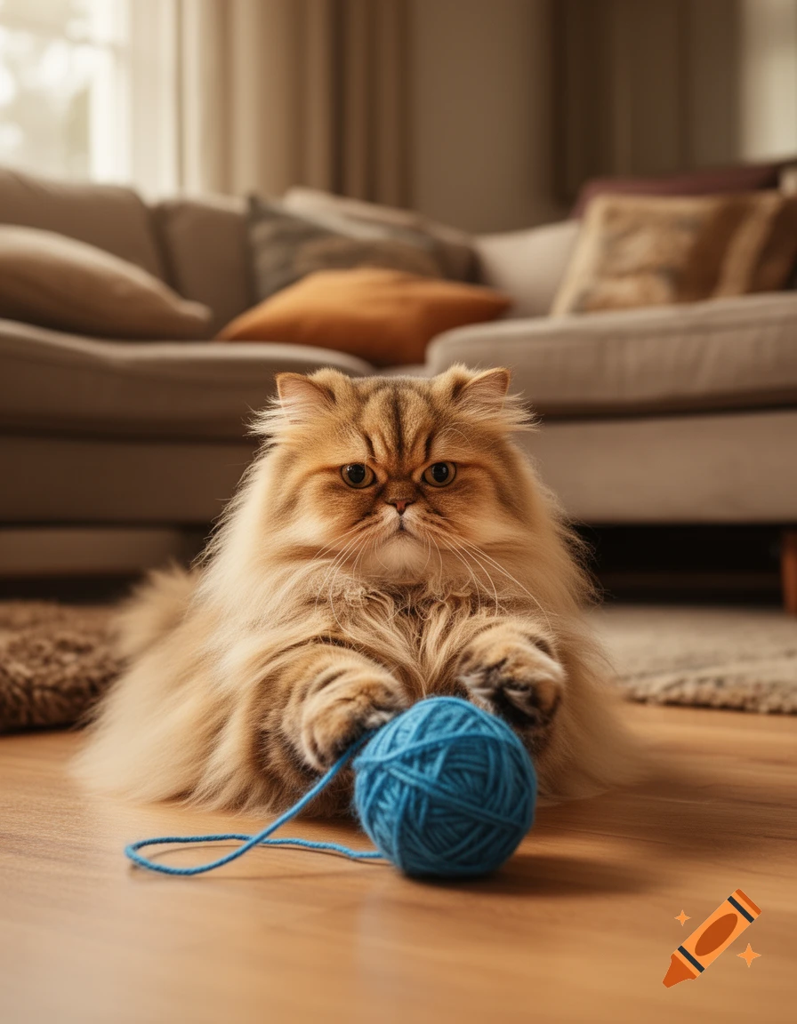 A fluffy Persian cat with a grumpy face playing with a blue ball of yarn on a wooden floor in a living room.