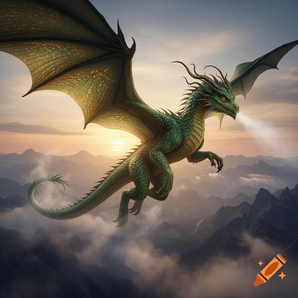 A majestic green dragon with large wings soars over a mountain range at sunset, exhaling a puff of smoke.