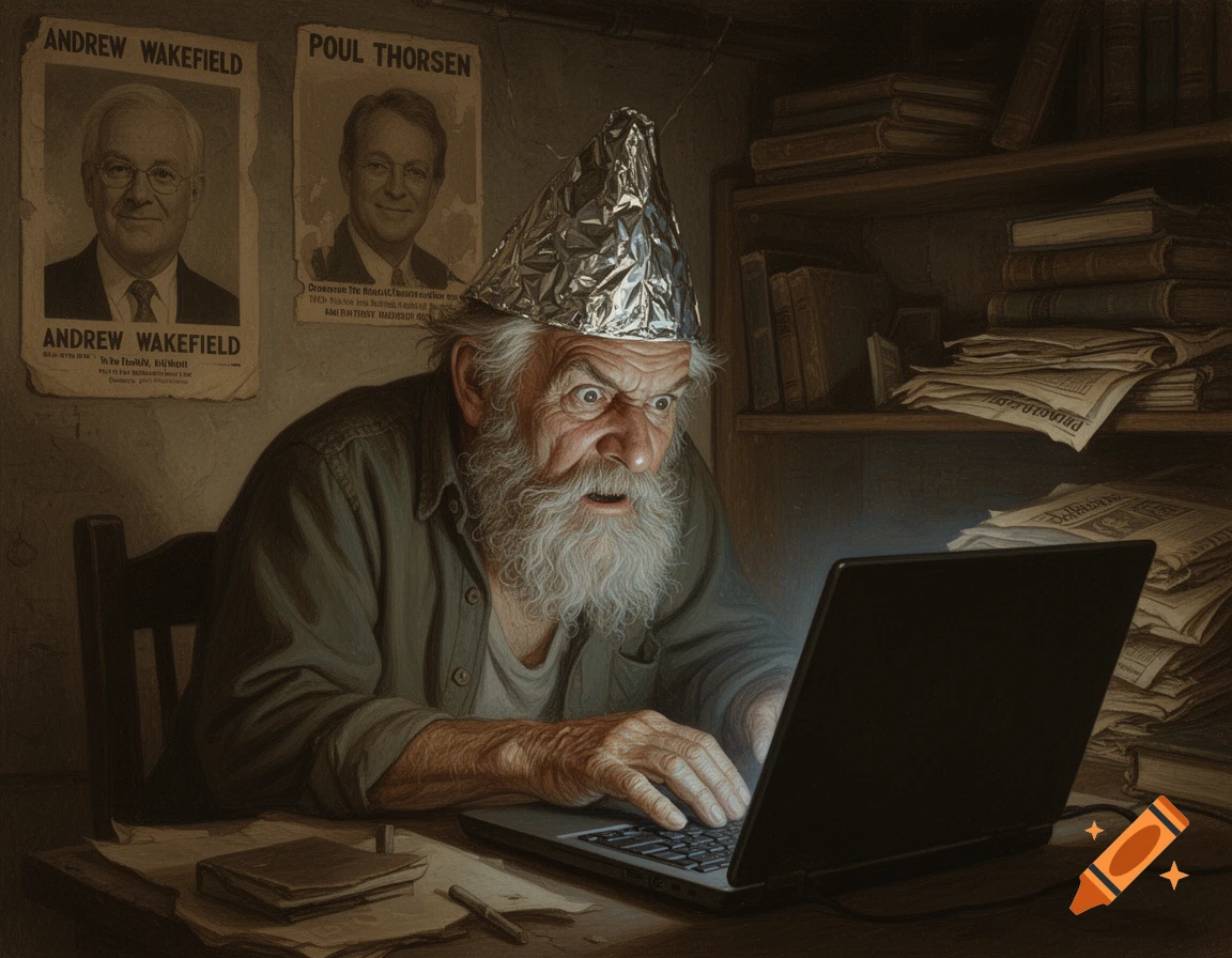 An old man with a long white beard and a tinfoil hat stares intensely at a glowing laptop in a dim room with posters of Andrew Wakefield and Poul Thorsen on the wall. Stylized like Norman Rockwell.