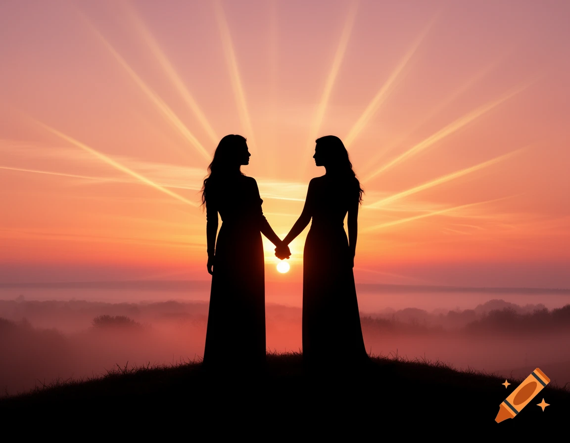 Two female silhouettes holding hands on a hill with a dramatic sunrise and misty landscape in the background.