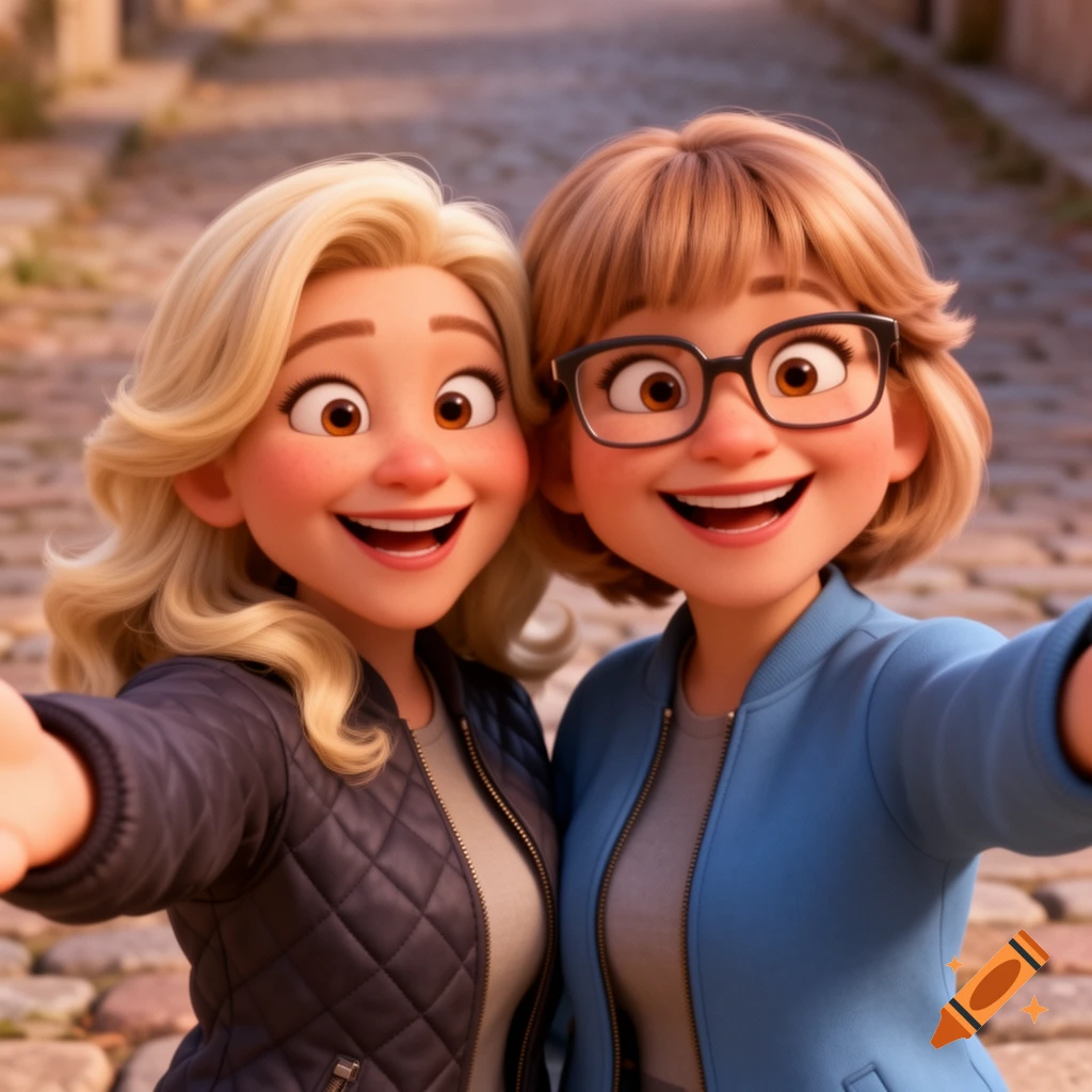 Two smiling animated women in Pixar style take a selfie on a cobblestone street.