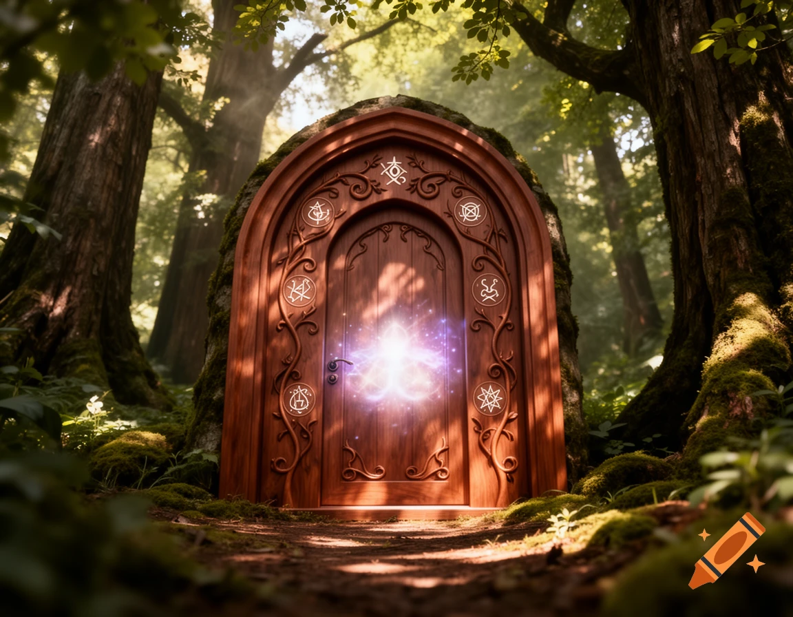 A mystical, ornate wooden door with glowing symbols stands in a lush, sun-dappled fantasy forest, emerging from mossy rock.