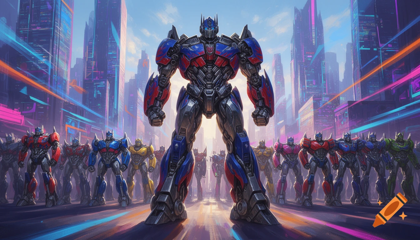 Optimus Prime stands heroically with an army of Autobots in a vibrant, neon-lit futuristic city under a bright sky.