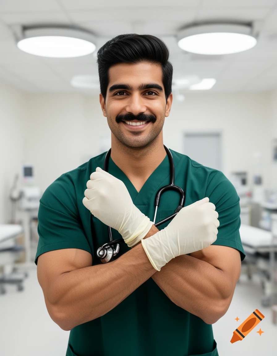 A smiling male healthcare professional in green scrubs with a stethoscope, wearing medical gloves, stands in a blurred hospital room.