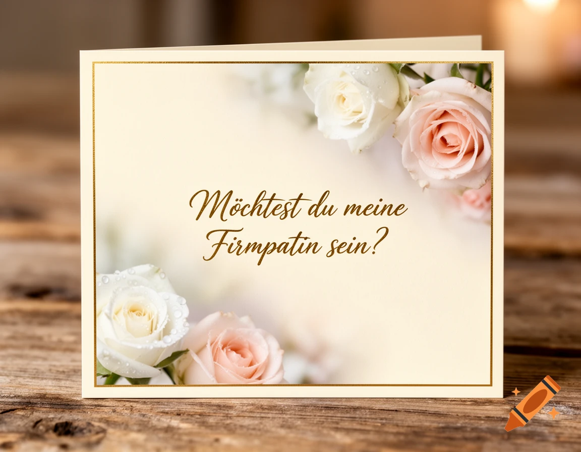 A greeting card with white and pink roses and the German text 'Möchtest du meine Firmpatin sein?' on a wooden surface.