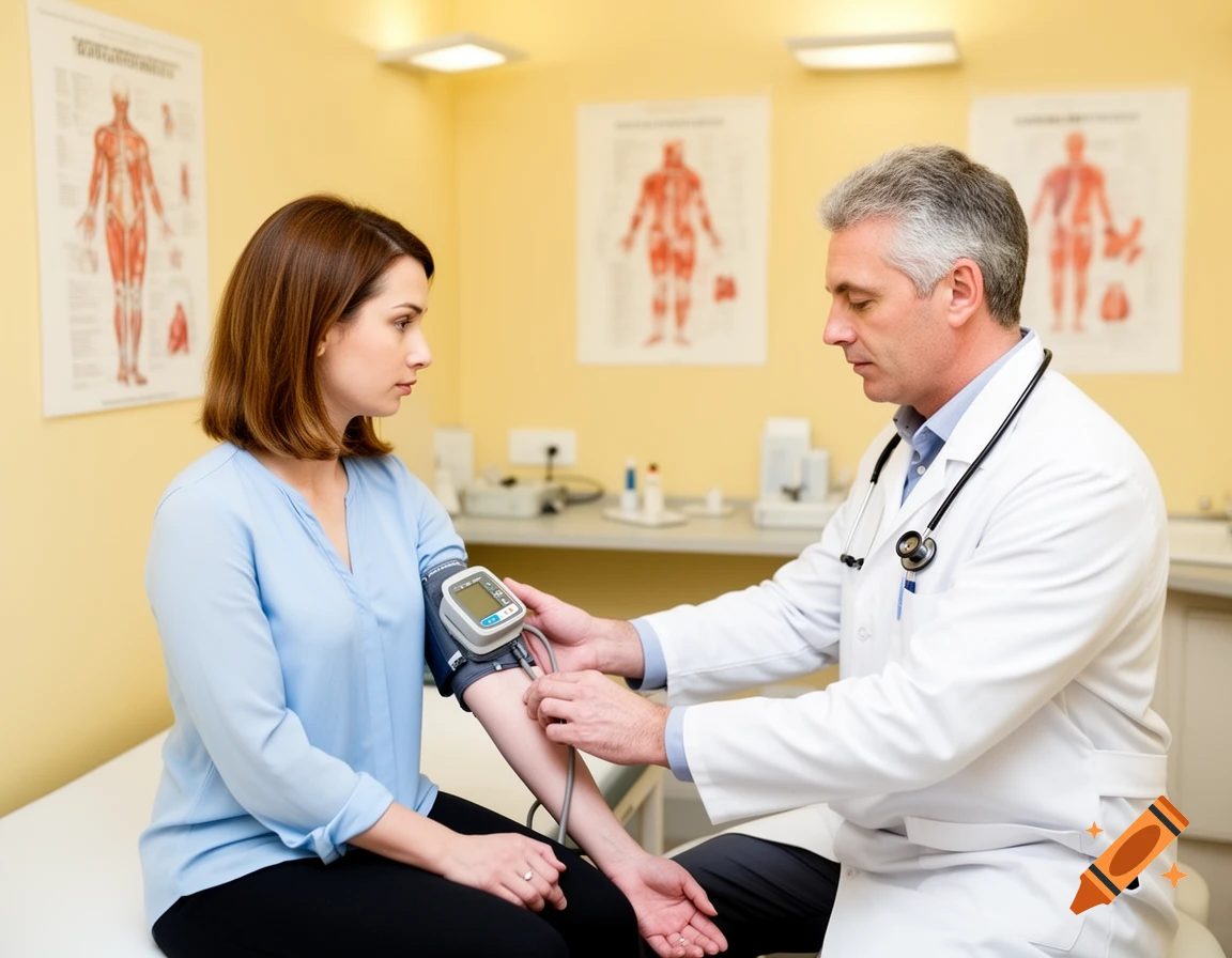 A male doctor in a white coat takes a female patient's blood pressure in a medical examination room with anatomical charts on the wall.
