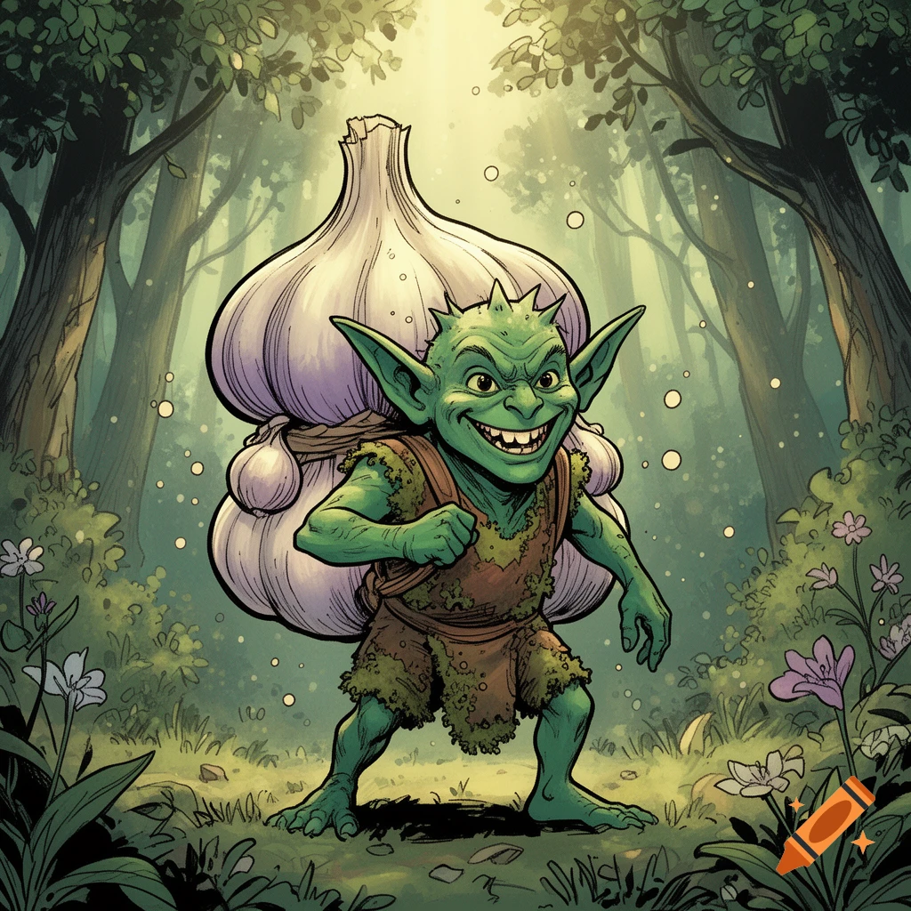 A grinning green goblin with pointy ears and spiky hair, dressed in brown rags, carries a giant bulb of garlic on its back through a sun-dappled forest in a comic art style.