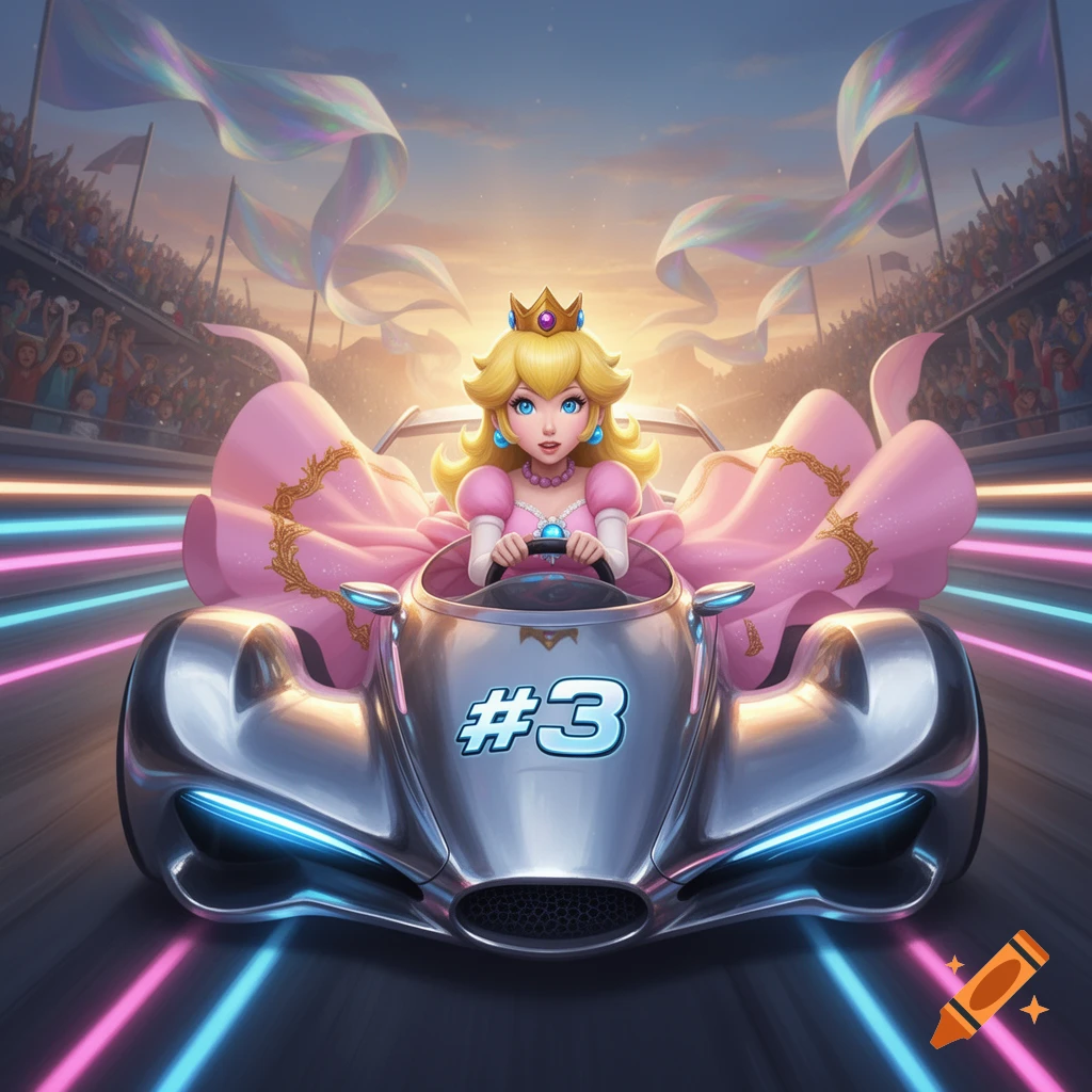 Princess Peach drives a sleek silver #3 racing kart on a vibrant neon track with a cheering crowd in a stylized illustration.