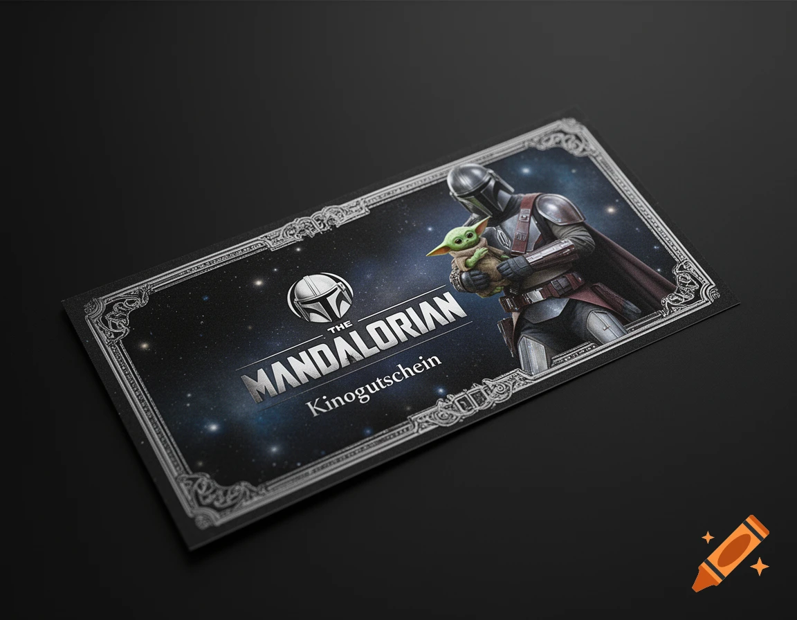 A cinema gift voucher featuring The Mandalorian holding Grogu, set against a starry background with a decorative silver border.