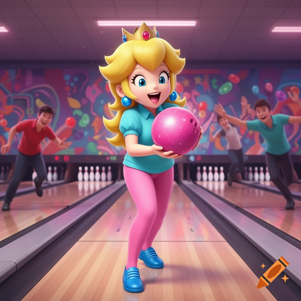 Princess Peach in an aqua shirt and pink tights, happily holding a sparkly pink bowling ball in a colorful bowling alley.