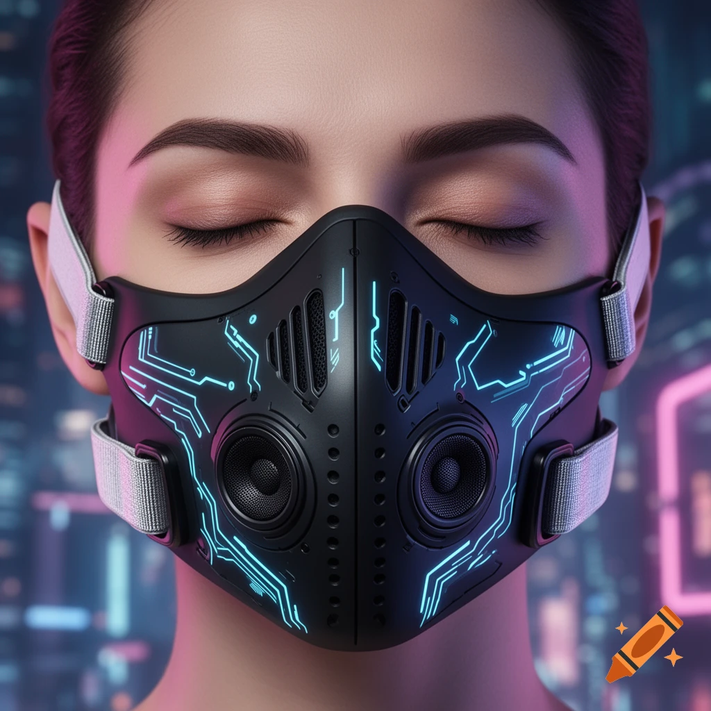 Close-up of a person with closed eyes wearing a black cyberpunk mask with glowing blue circuits and dual speakers, against a neon city background.