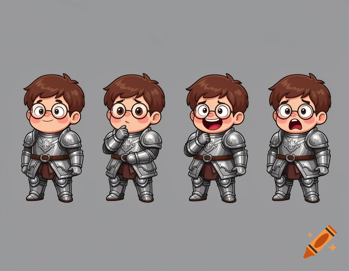 A 2D cartoon sheet showing four different expressions of a cute boy in medieval armor: normal, thinking, very happy, and scared, on a gray background.