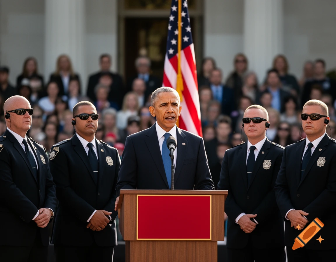 Former President Barack Obama speaks at a podium outdoors, flanked by security, with an American flag and crowd in the background.