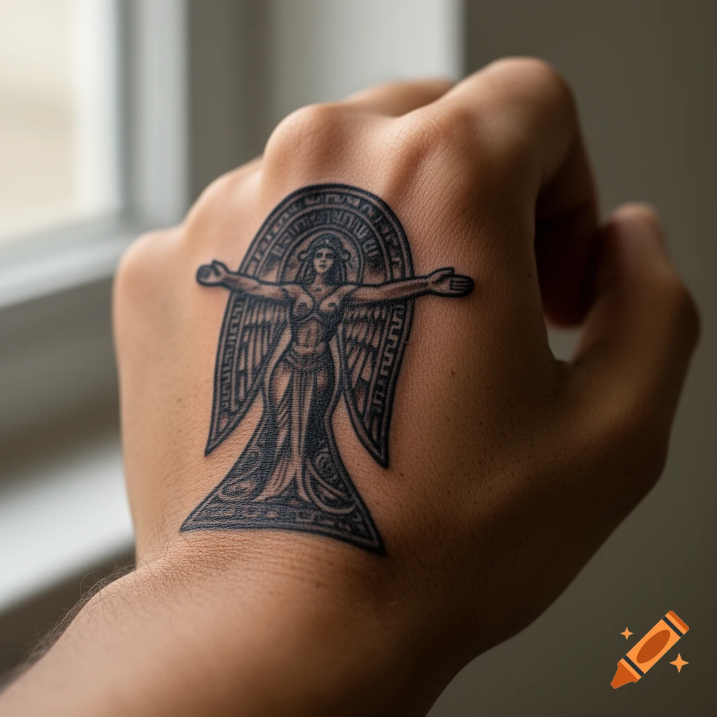 Close-up of a hand with a detailed black tattoo of a stylized female figure, reminiscent of the symbol of Tanit.