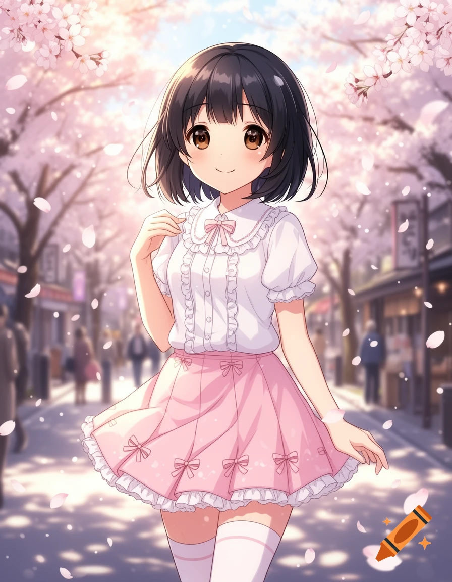 Anime girl in a white frilly blouse, pink pleated skirt, and thigh-high socks stands smiling on a cherry blossom-lined street with petals falling.