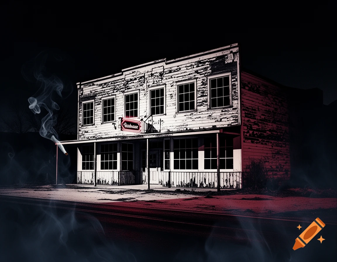 A stylized noir image of an old, weathered two-story roadhouse at night, with a glowing red neon sign and smoke in the foreground.
