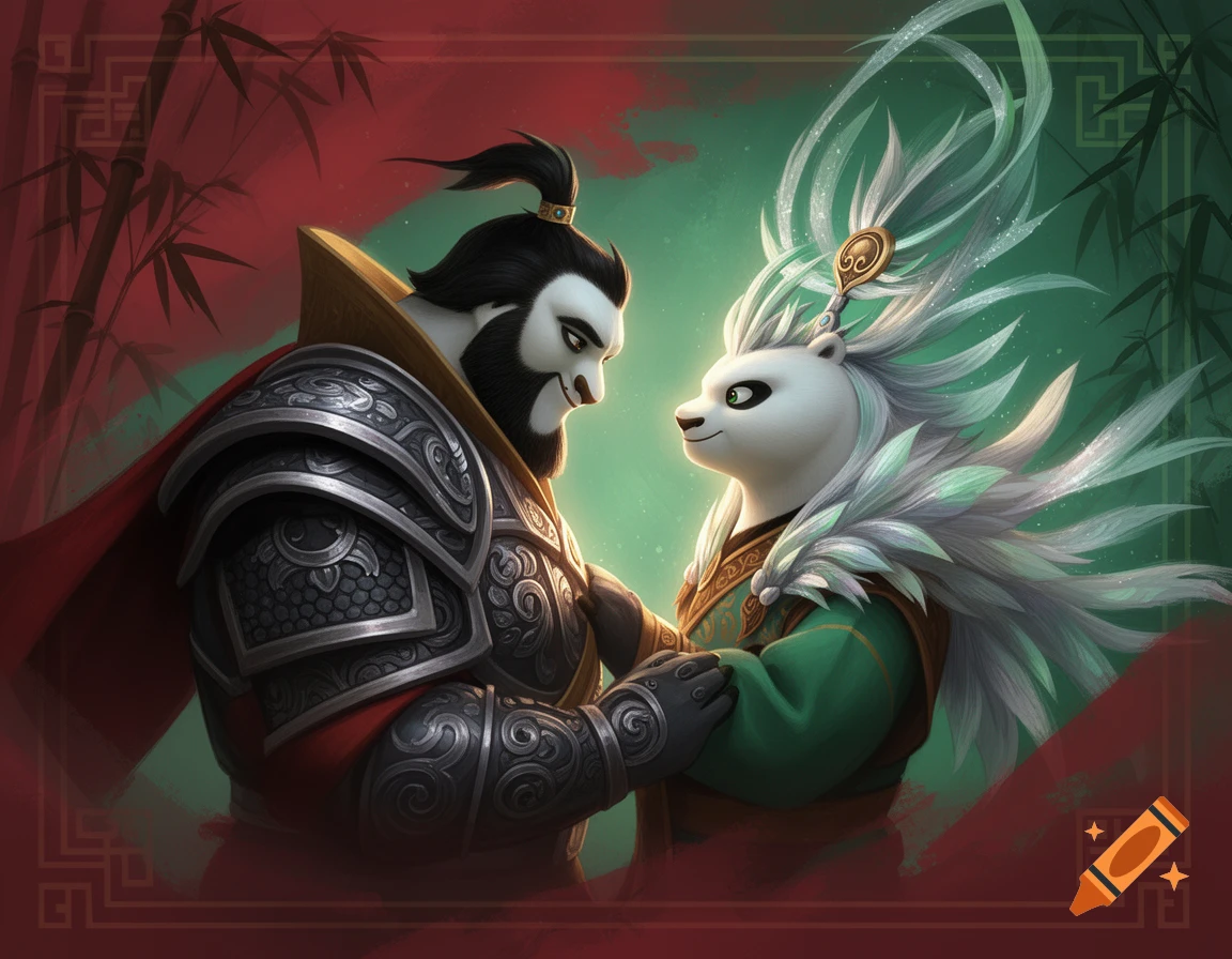 Stylized depiction of General Kai and Lord Shen from Kung Fu Panda embracing, looking into each other's eyes against a red and green background.