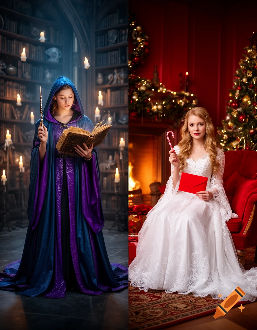 Split image: A young witch with a wand and book in a candlelit library, and a Christmas princess with a candy cane and red letter by a fireplace.