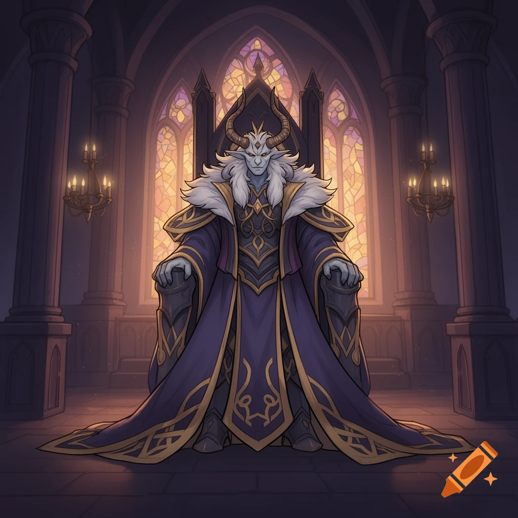 A regal, horned beast-king with grey fur and red eyes sits on a golden throne in a dark gothic hall with stained glass windows.