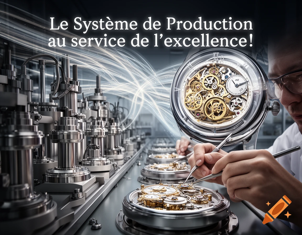 A person in glasses meticulously assembles a watch movement with tools amidst production machinery, text reads 'Le Système de Production au service de l'excellence!' in a photorealistic style.