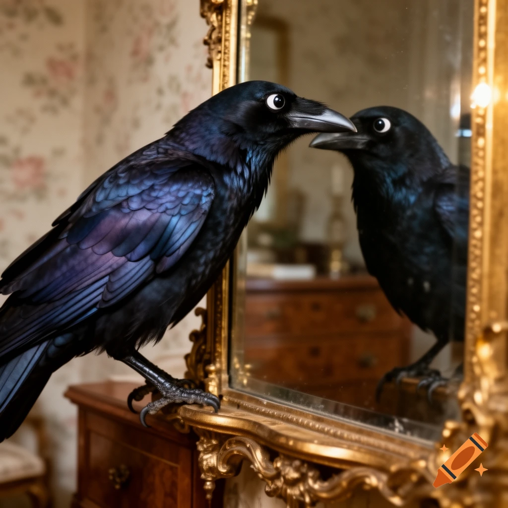 A photorealistic black raven with large eyes looks at its reflection in an ornate gold mirror on a wooden dresser.