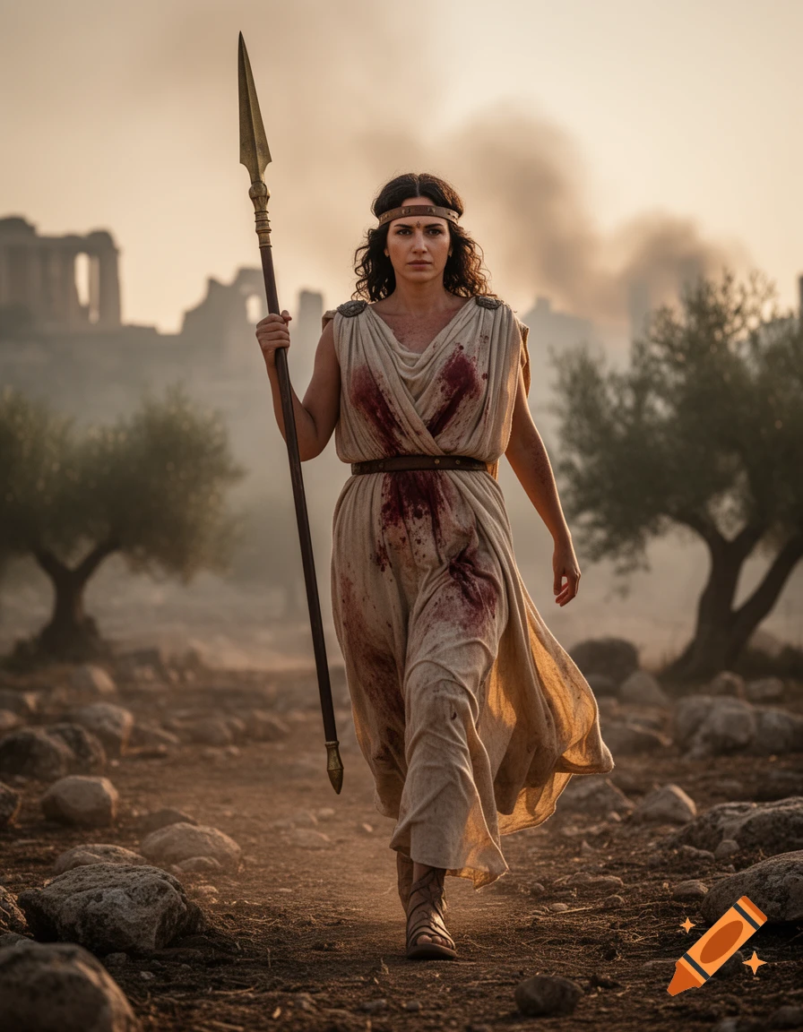 Photorealistic image of a warrior woman in a blood-stained toga, holding a spear, walking through rocky terrain with ancient ruins and smoke in the background.