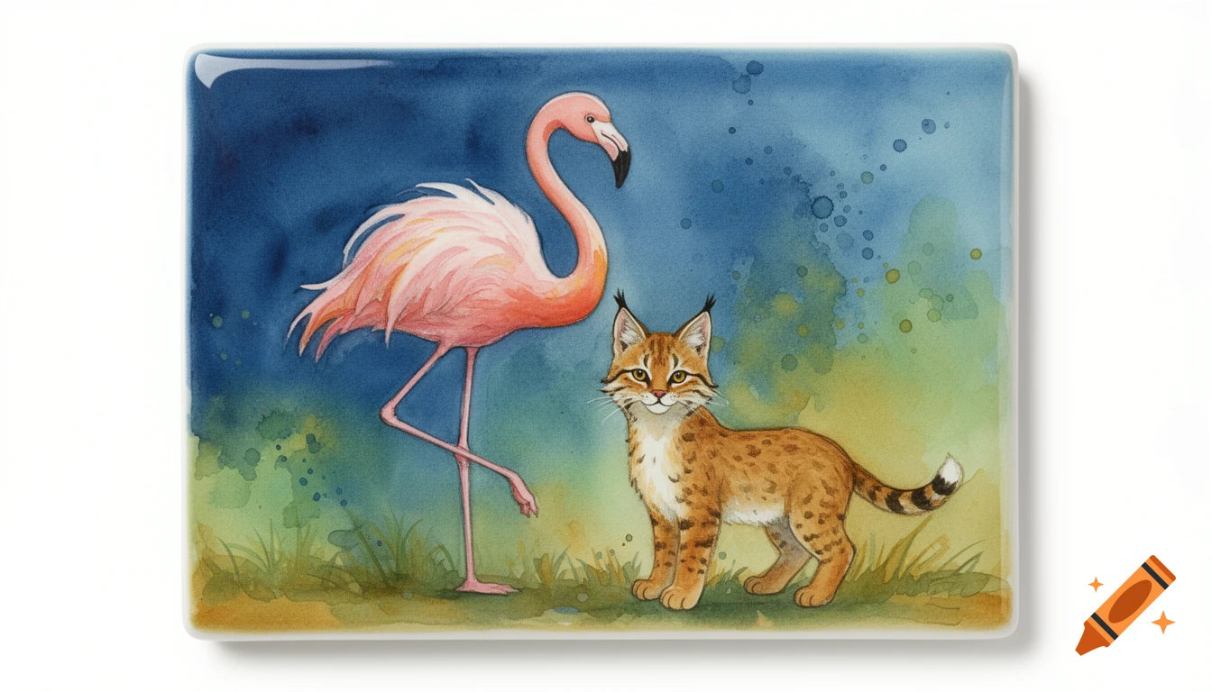 Watercolor illustration of a pink flamingo and a lynx standing on grassy ground against a blue and green background.