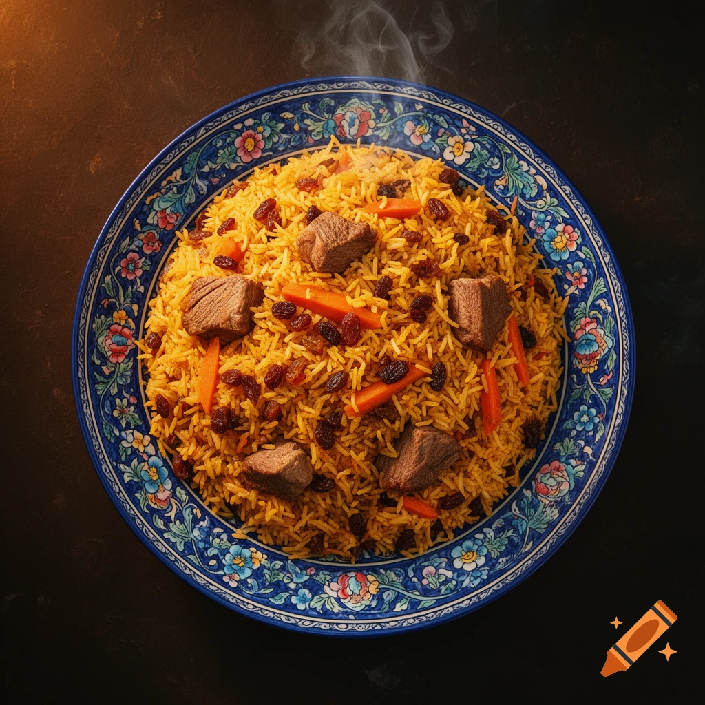Overhead view of a photorealistic dish of golden saffron rice pilaf with lamb, carrots, raisins, and steam, served on a decorative blue plate.