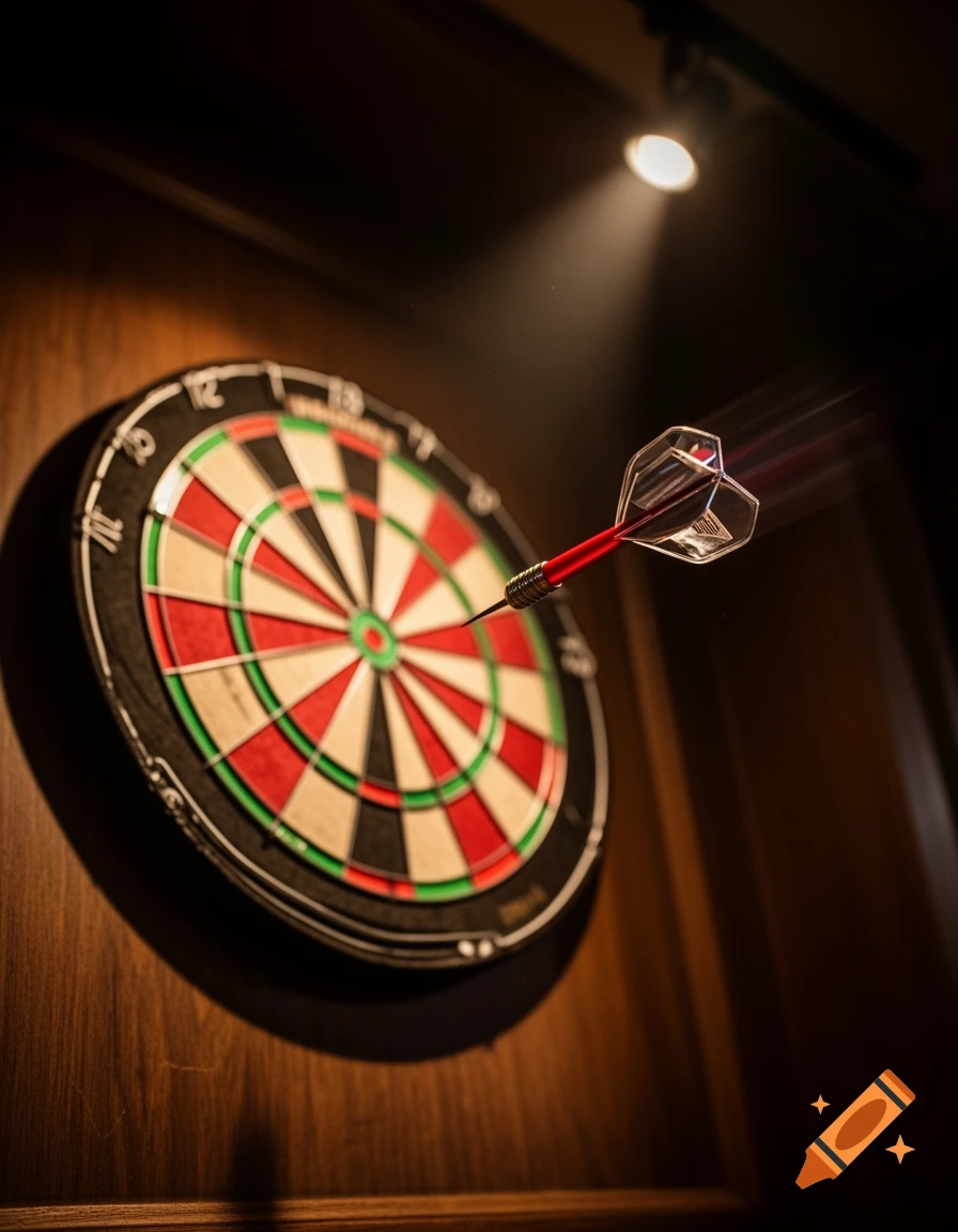 A red dart with motion blur flies towards a classic dartboard mounted on a wooden wall, illuminated by a spotlight.