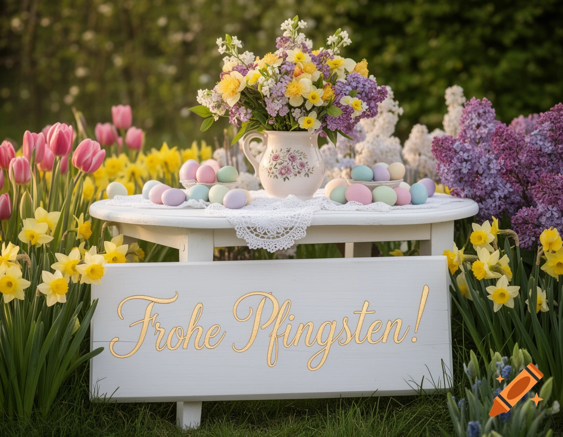 Photorealistic image of a white table with spring flowers, pastel eggs, and a sign saying "Frohe Pfingsten!" amidst a garden.