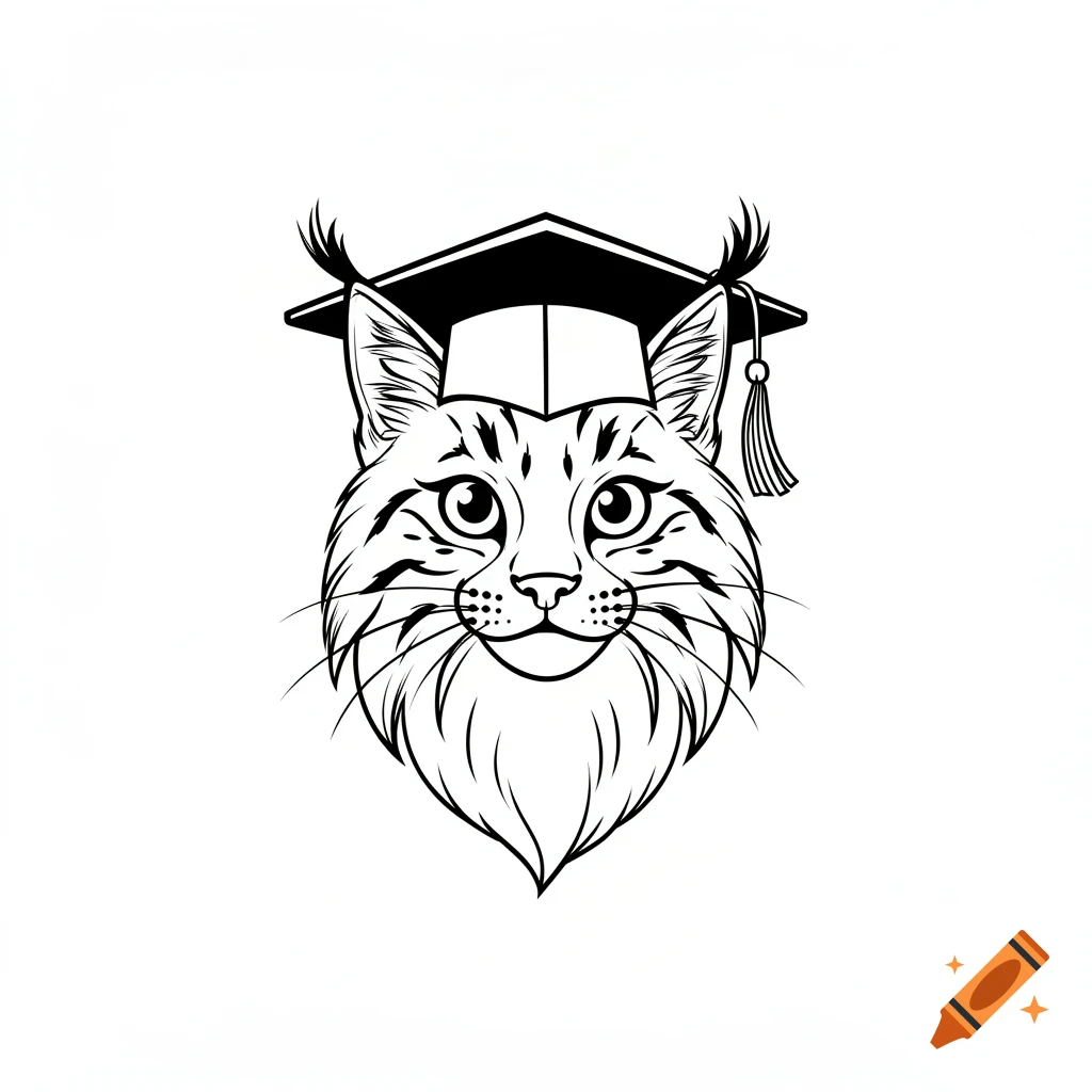 A black and white outline drawing of a cartoon lynx head wearing a graduation cap and tassel.
