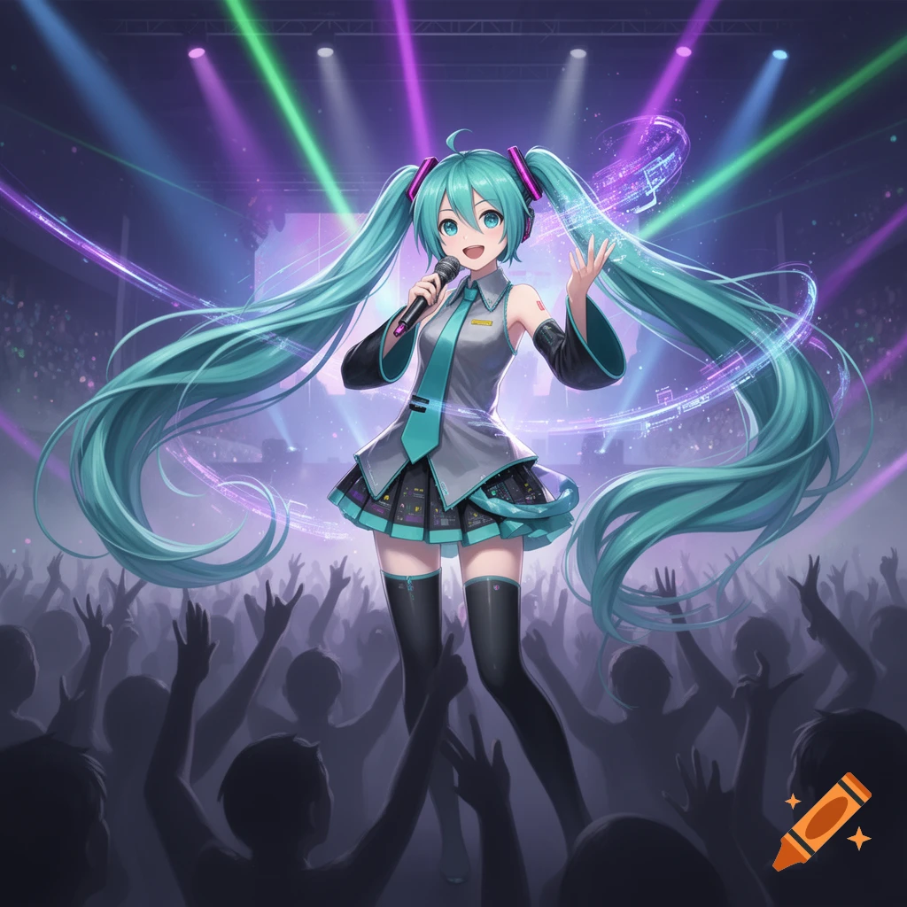 Hatsune Miku, an anime character with long turquoise pigtails, sings on stage to a cheering crowd under vibrant purple and green spotlights.