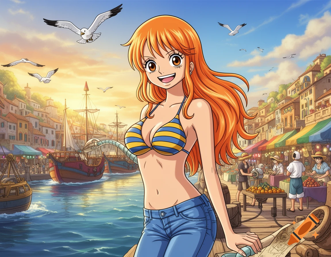 Anime woman Nami with orange hair, in a striped bikini top and jeans, smiling by a vibrant port town with boats and market stalls.