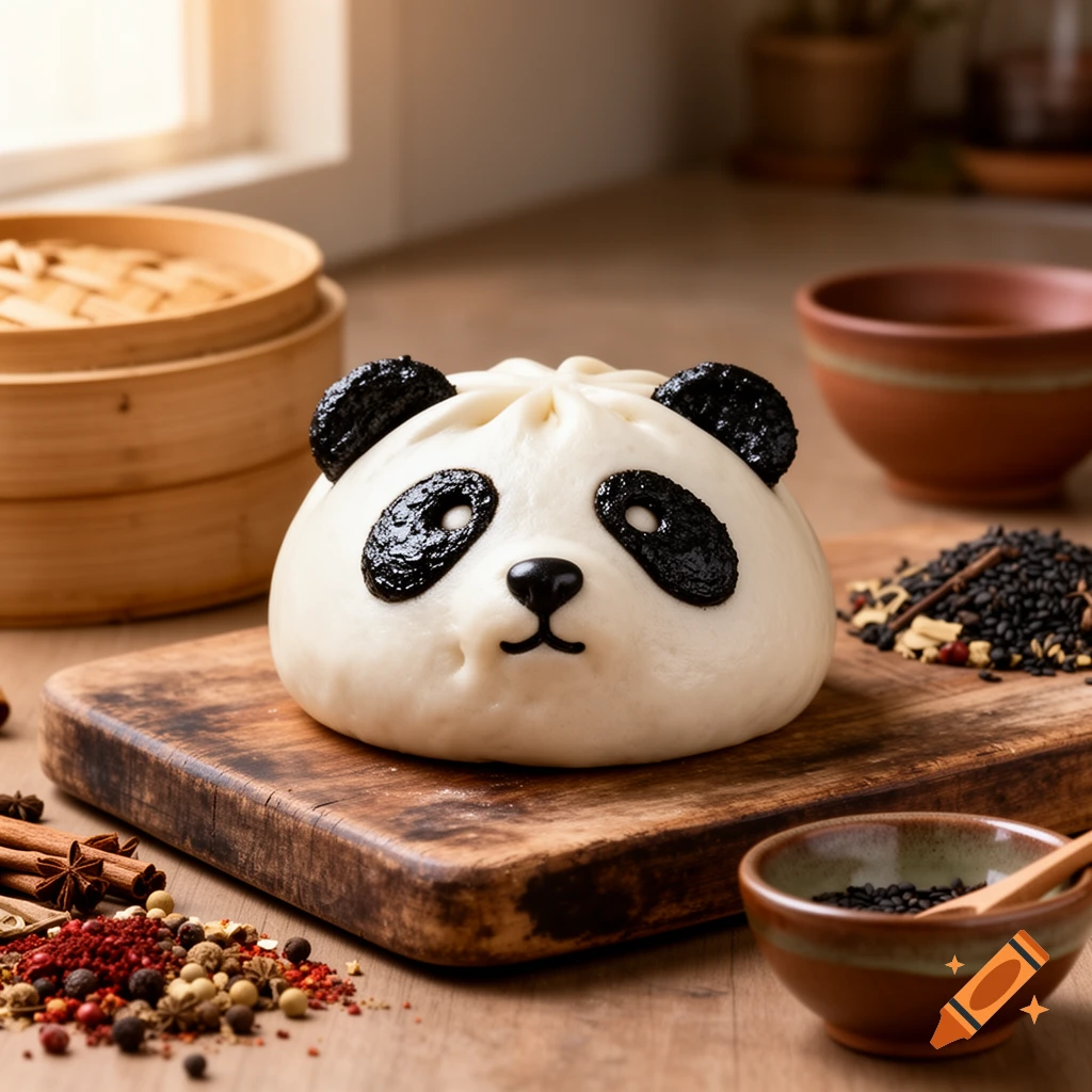 A cute panda-shaped baozi with black features rests on a wooden board, surrounded by spices and traditional bowls.