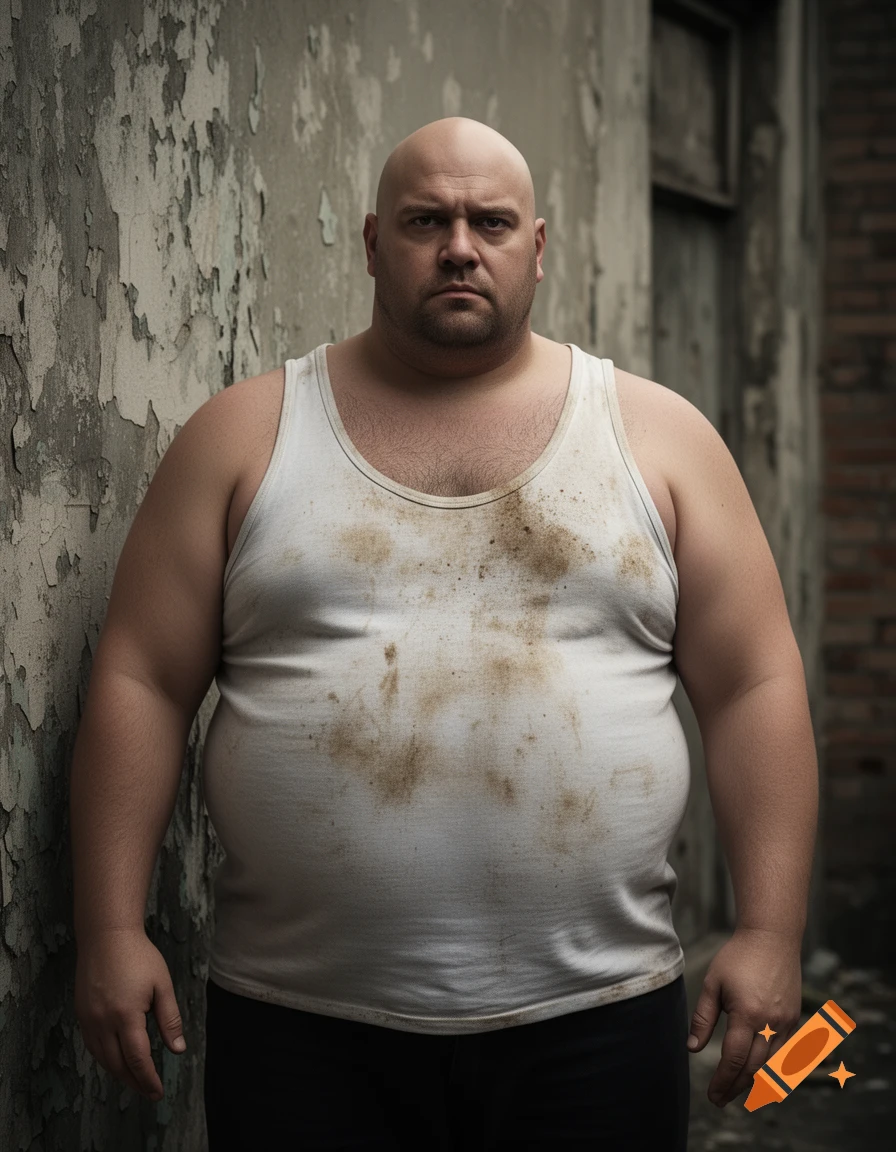 A photorealistic portrait of a bald, overweight man in a dirty white tank top, standing seriously against a peeling wall.