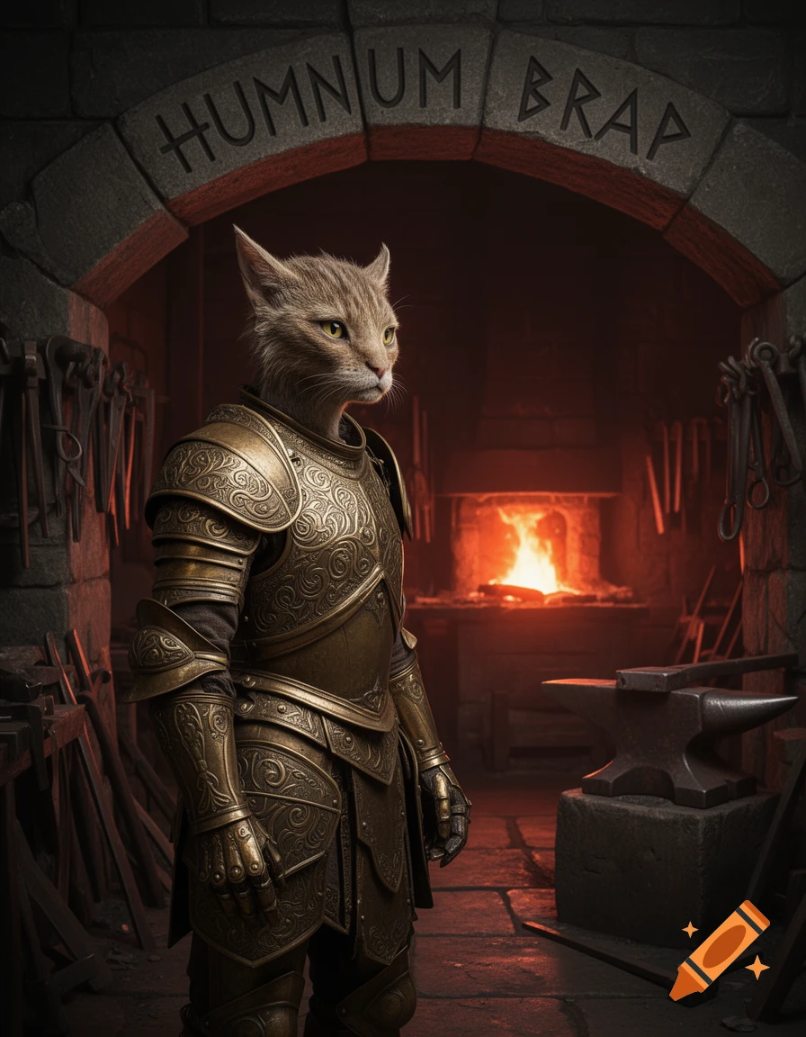 A photorealistic gray cat in ornate gold armor stands in a dark blacksmith's forge, with glowing fire in the background.