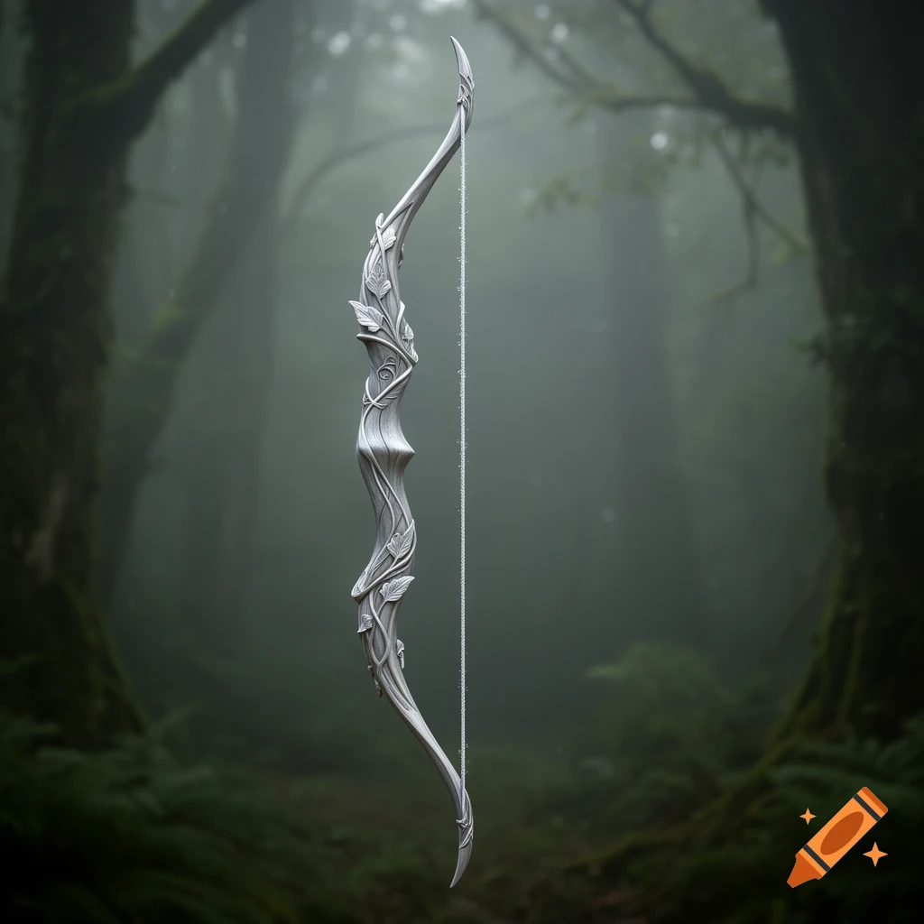 An intricately designed elven bow, adorned with leaf-like carvings, stands upright in a misty, dark forest.