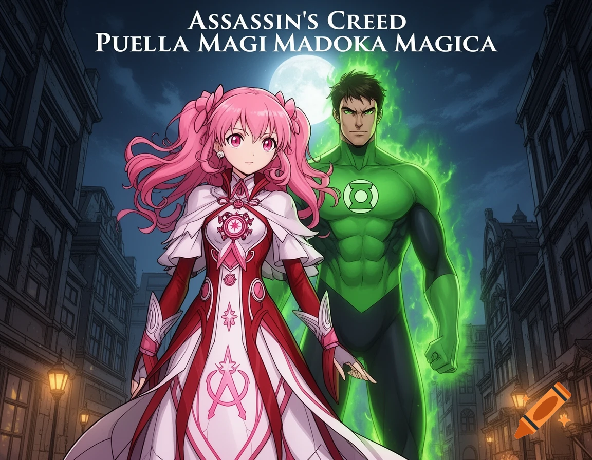An anime character with pink pigtails and a white and red outfit stands beside Green Lantern against a city night sky with a full moon. Text reads "Assassin's Creed Puella Magi Madoka Magica".