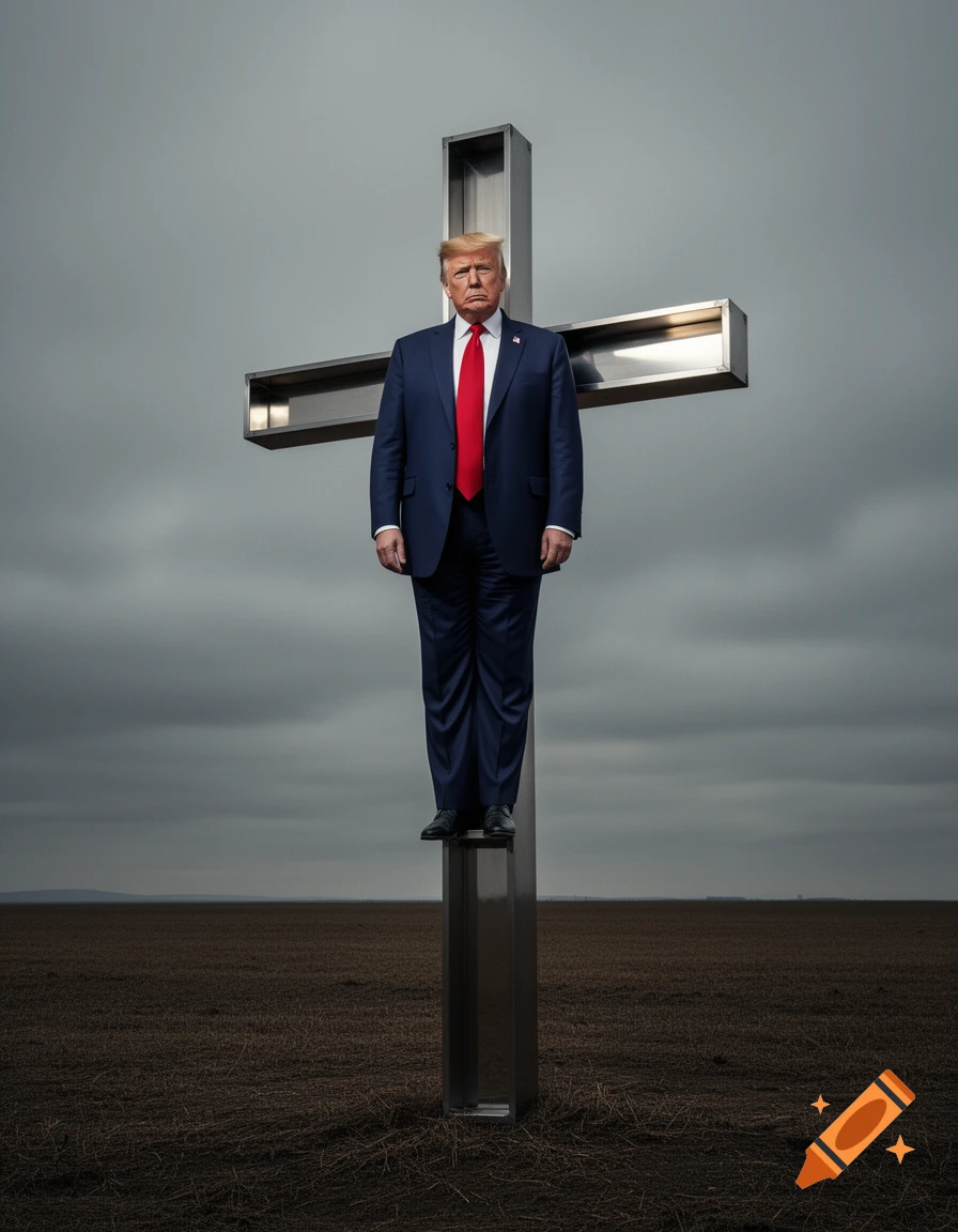 Donald Trump, in a blue suit and red tie, stands atop a metallic cross in a barren field under an overcast sky.