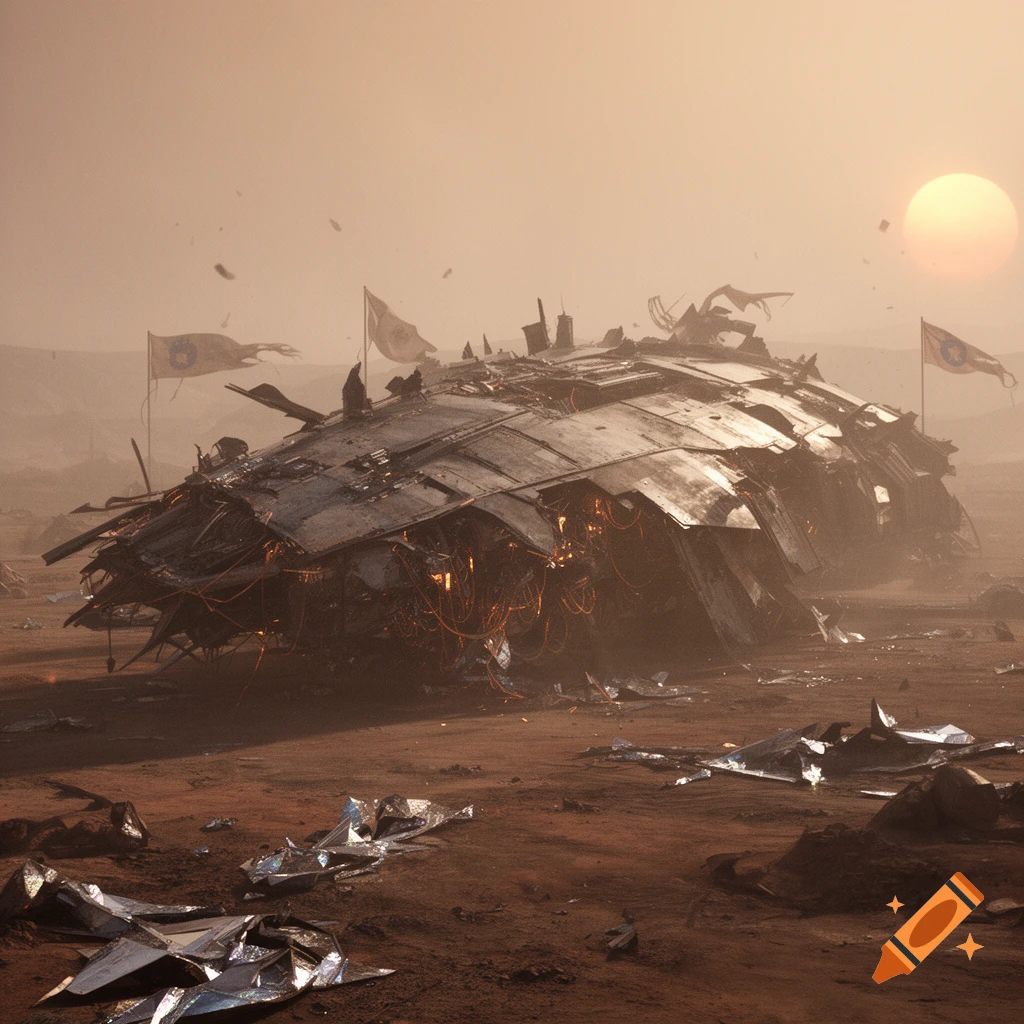 A destroyed spaceship wreck lies on a reddish, hazy desert planet under a bright sun with debris scattered around.